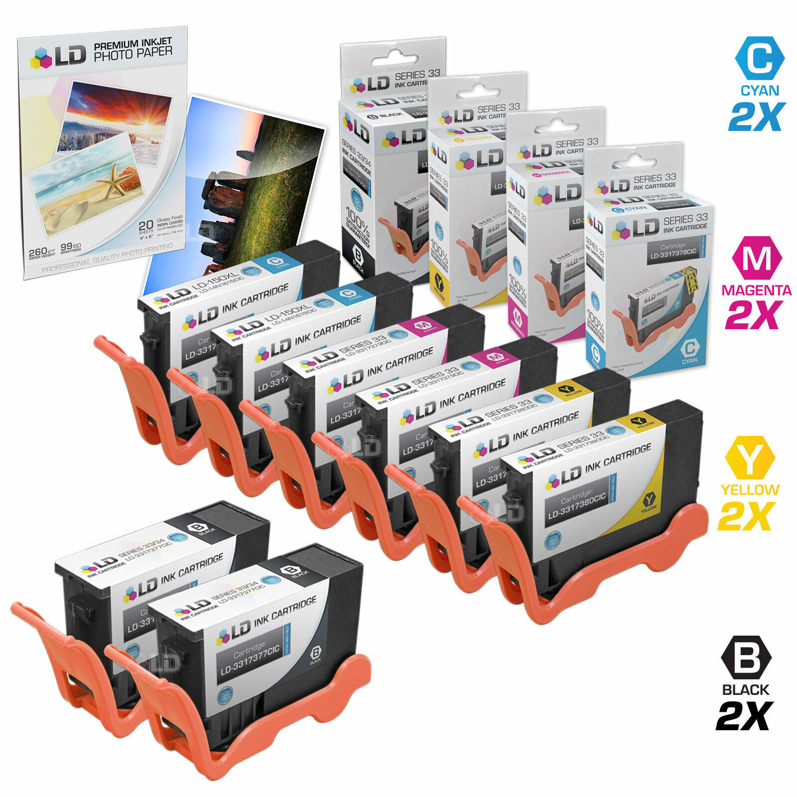 LD Ink Cartridges for Dell 33/34 Series V525W V725W Set of 8 Extra High