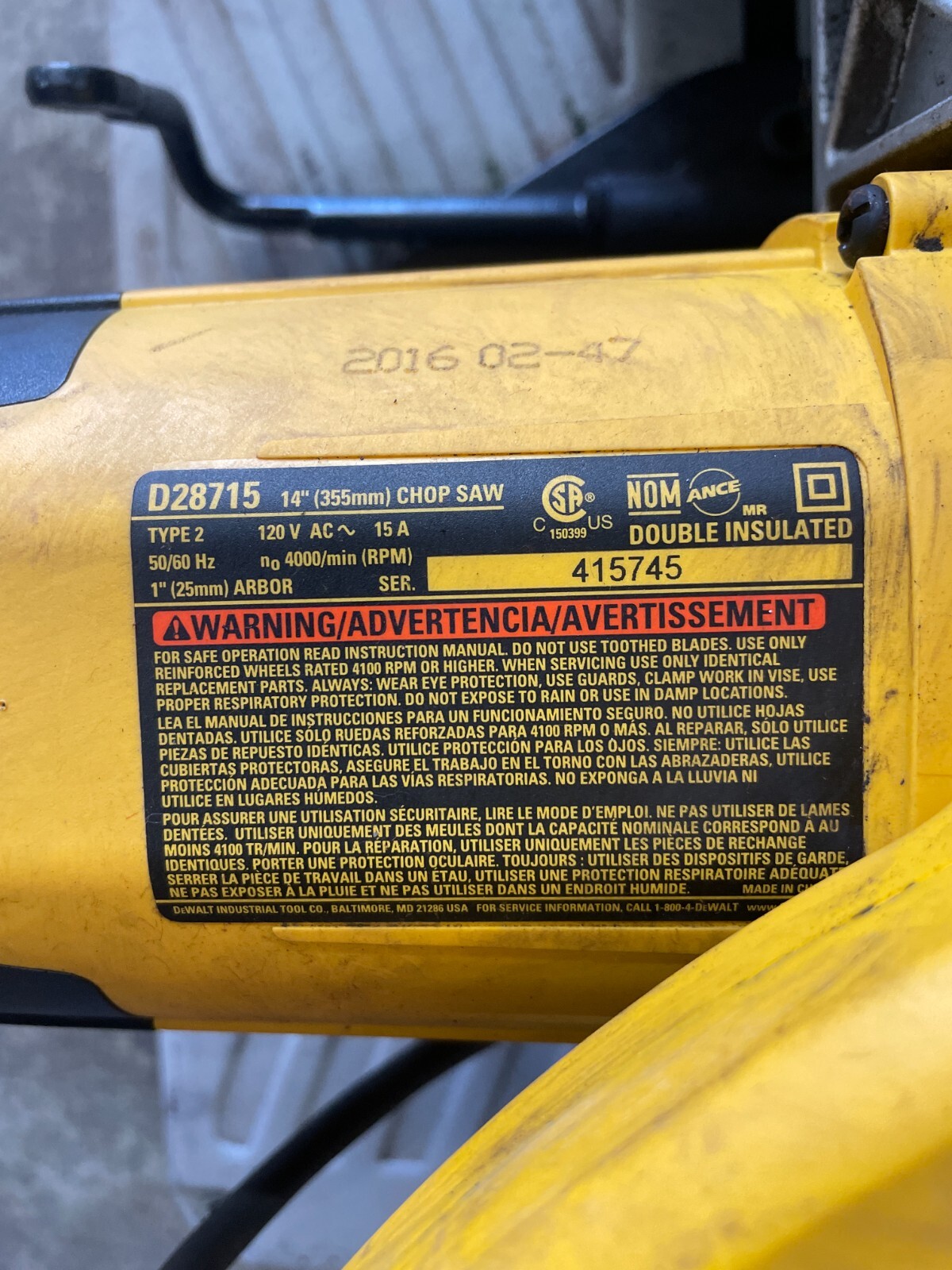 DEWALT CHOP SAW D28715 14" (355MM) CHOP SAW TYPE 2 50/60HZ 120V AC 15A
