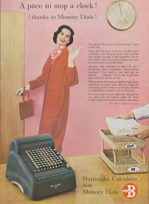 1955 Burroughs Calculator - Secretary Quitting Time, Off Clock - Print Ad Photo