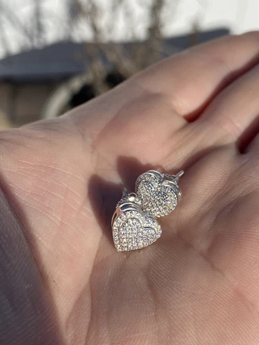 Solid 925 Sterling Silver Iced Heart Stud Earrings Simulated Diamonds Iced - Picture 4 of 11