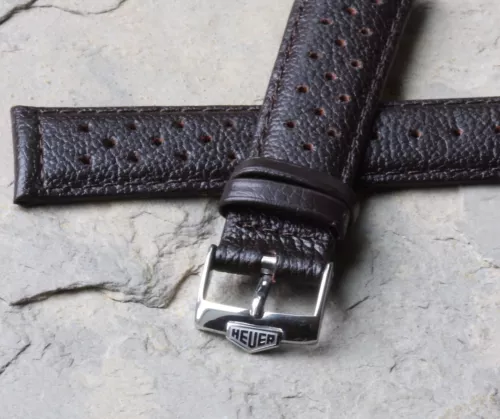 LAST ONES! Heuer buckle Autavia 20mm highly textured brown leather rally strap