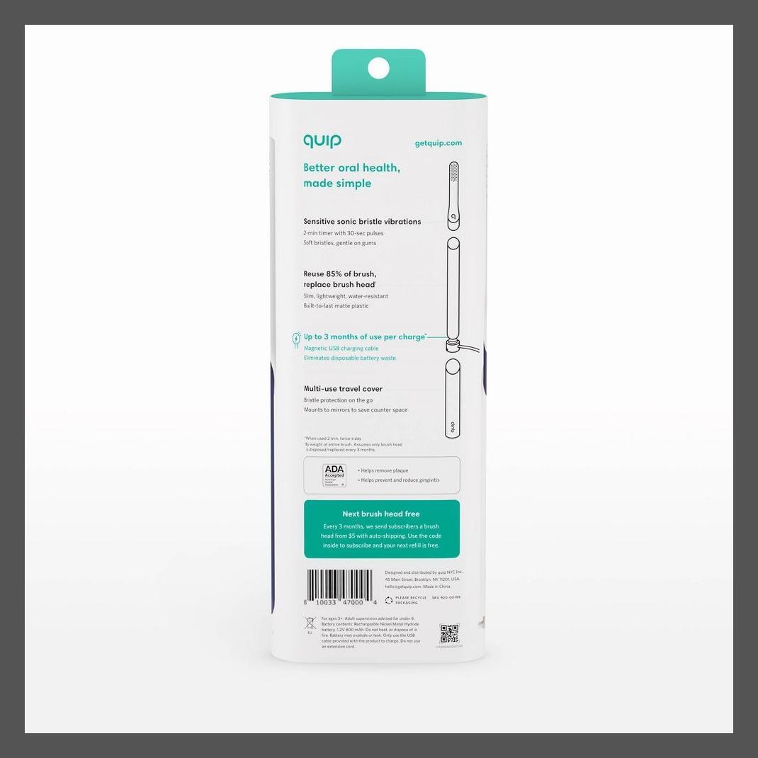 перезаряжаемая звуковая пластиковая электрическая зубная щетка quip с таймером и функцией перемещения