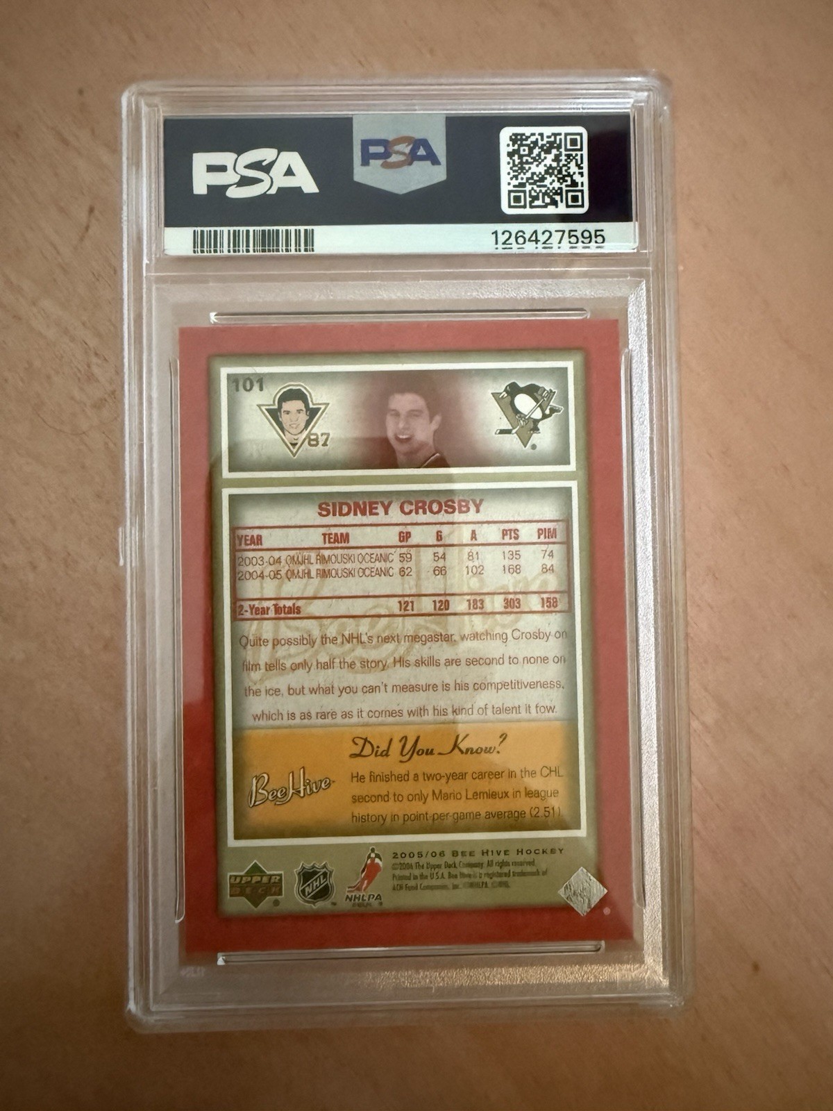 2005-06 Upper Deck Bee Hive - Sidney Crosby #101 Red (RC) PSA 9 view 2