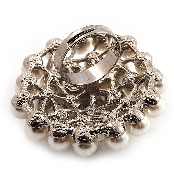 Übergroßer weißer Imitation Perle Diamant Cocktailring (Silberton Metall) - - Bild 4 von 4