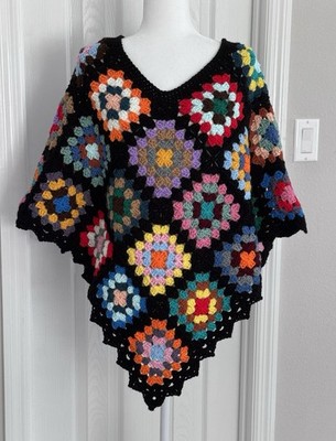 New Handmade Crochet Poncho Granny Square Multicolor Black Machine Wash Boho