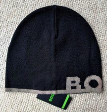Genuine HUGO BOSS Black 50% Virgin Wool Logo SKULL BEANIE Hat 50477275