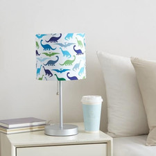 Dinosaur Printed Fabric Shade Stick Table Lamp with Silver Metal Base and Pull C