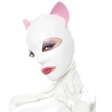 Cat Ear Latex Hood Cosplay Rubber Mask Back Zip Clubwear Fetish BDSM Masquerade