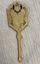 Vintage Art Deco Mirror Hand Held Pearlized Yellow Celluloid Bakelite 14.5 Inch