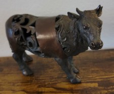 Vintage Mixed Metal Ox Statue Openwork Scroll Filigree Cow Figurine Copper Band