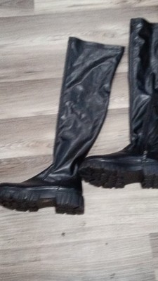 Black Knee High Synthetic Riding Boots Zip Closure Round Toe Chunky Sole Women