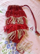 Antique 1900s Flapper Red Beaded Drawstring Purse Pouch Bag Czech
