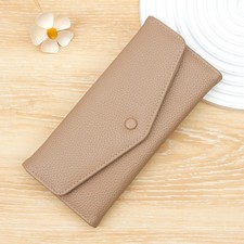 Women's Faux Leather Long Wallet Card Holder Coin Purse Snap Button Black Beige