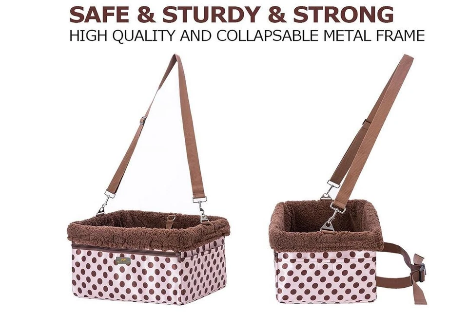 Asiento elevador coche perro gato marco de metal rosa marrón lunares hasta 20 libras usado en excelente estado Foto 2 de 4