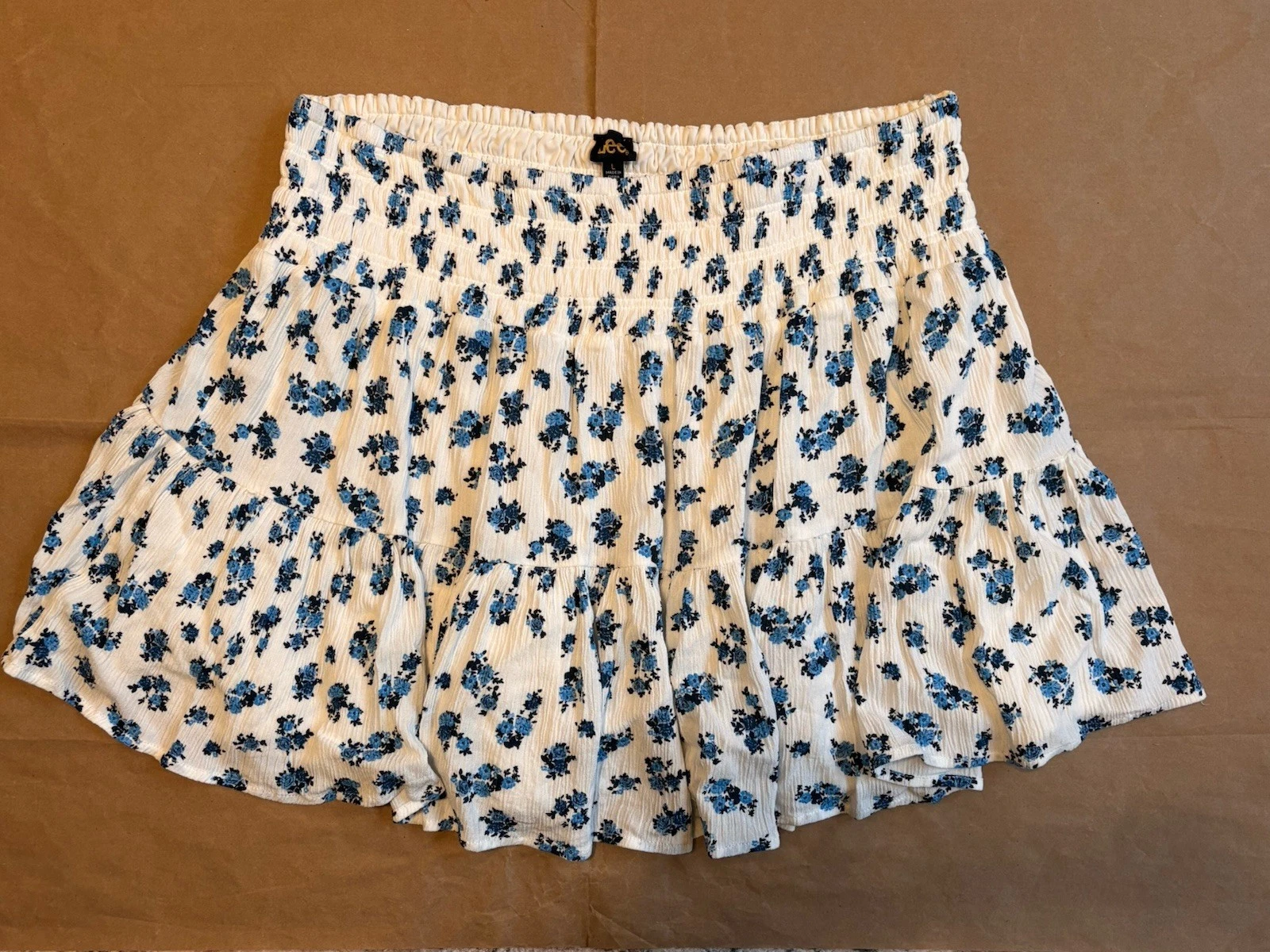 Lee Women's Mini Skirt Blue White Floral Ruffle Elastic Waist Crinkle Cotton L