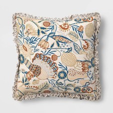 Square Bird in Nature Pillow with Printed Reverse and Ruffle Trim neutral