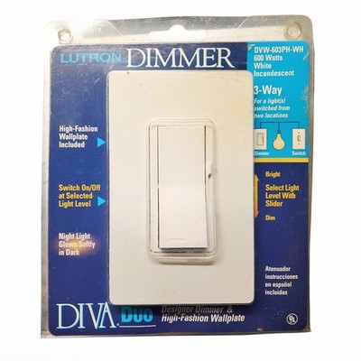 Lutron Diva 600W 3-Way Dimmer Switch White DVW-603PH-WH - Wallplate Included