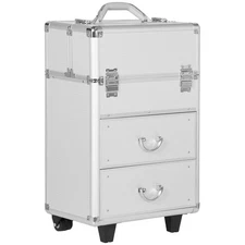 Rolling Makeup Train Case Cosmetic Trolley w/ Swivel Wheels and Keys, Silver