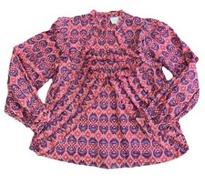EUC Sézane Emmy Blouse Eyelet Ruffled Size 36 Geometric Print Shirt Lightweight