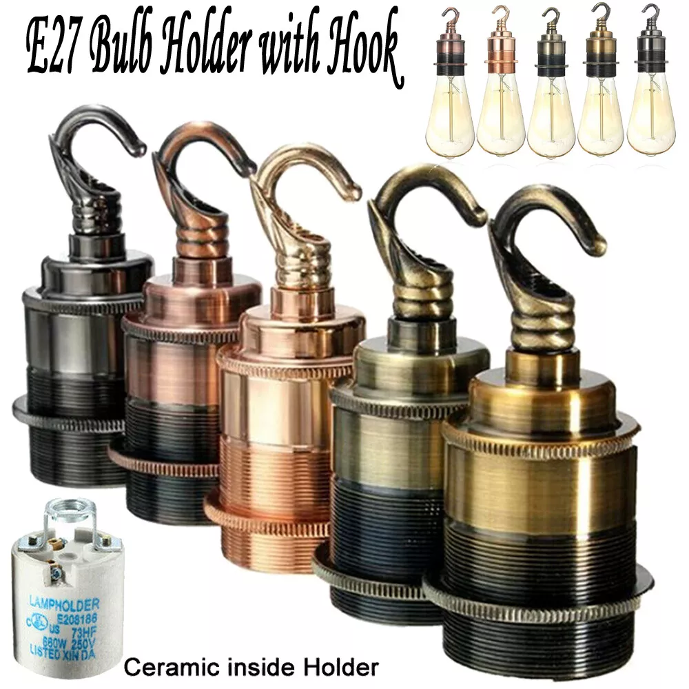 E27 Lamp Bulb Holder With Hook and Shade Ring for Vintage Edison Choose Colours