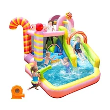 Inflatable Bounce House Water Slide, 6 in 1 Sweet Candy Water Park, Wet Dry C...