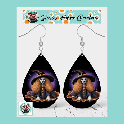 Earrings Halloween Witch Poodle Dog Sublimate MDF Hook Back Hand Sublimated