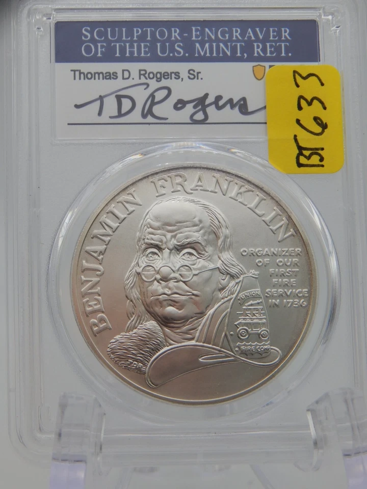 1992-P FIRE SERVICE SILVER MEDAL PCGS GEM UNC SCULPTOR SIGNED T.D. ROGERS SR 633 - Image 4 of 4