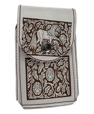 Western Leather Laser Engraved Cellphone Holder Horse Design Color White/Brown