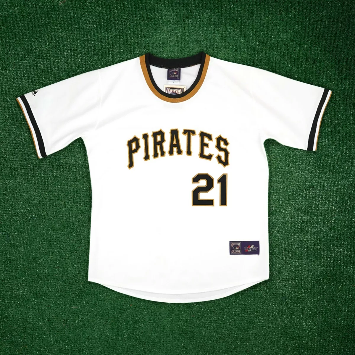 Men’s Nike Roberto Clemente Pittsburgh Pirates Cooperstown Collection Home White Jersey with Black Sleeves