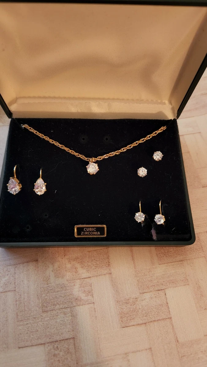Jewelry set fashion jewelry cubic zirconia gold tone necklace and 3 stud earring
