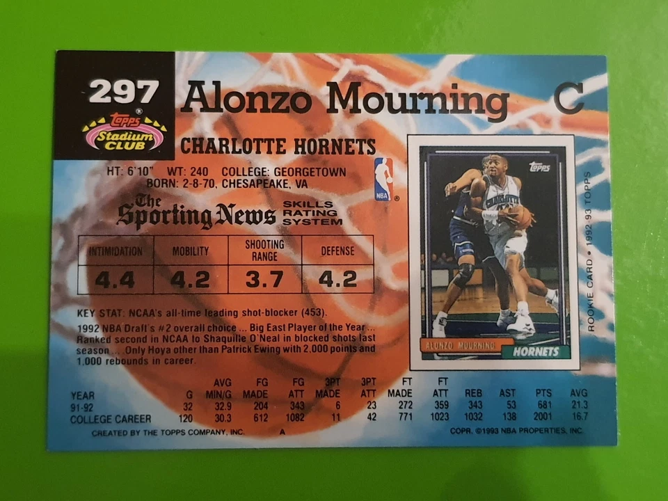1992-93 Topps Stadium Club #297 Alonzo Mourning RC Rookie Charlotte Hornets - Bild 2 von 2
