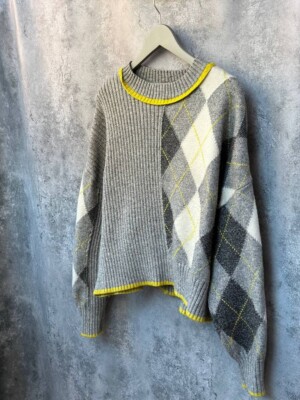 Pringle of Scotland x H&M Argyle Strickpullover grau gelb L Oversized Pullover