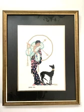 Vintage Completed Framed  Under Glass Cross Stitch Beads  Lady with Macaw Parrot