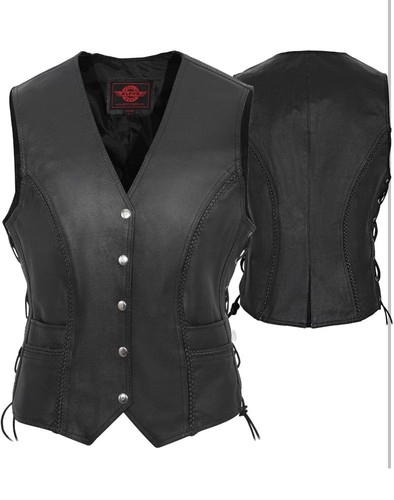 Alpha Cycle Gear Gilet Pelle Donna XL Nero Motociclista