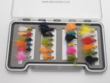 24 MINI Lures, Boxed Trout Flies, Cats Whiskers, Dancers, cormorant etc, NBX63