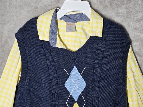 Gymboree Boys 6 Sweater Vest/Shirt Combo Yellow/White Plaid Blue Argyle Vest - Picture 2 of 10