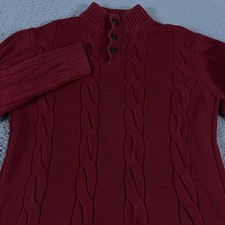 Chaps Sweater Mens Medium Red Cable Knit Henley Mock Neck Cotton Preppy Outdoor