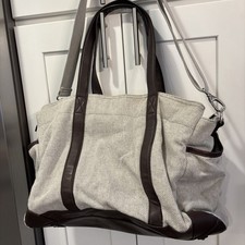 POTTERY BARN KIDS Grey Brown DIAPER BAG Canvas Baby Duffle Tote Leather