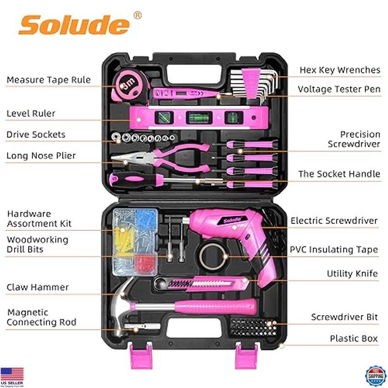 SOLUDE 130-Piece Pink Tool Set with 3.6V Cordless Screwdriver for DIY & Homes