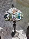 VINTAGE TIFFANY STYLE STAINED GLASS DRAGONFLY  TABLE LAMP BRONZE BASE 22" RARE