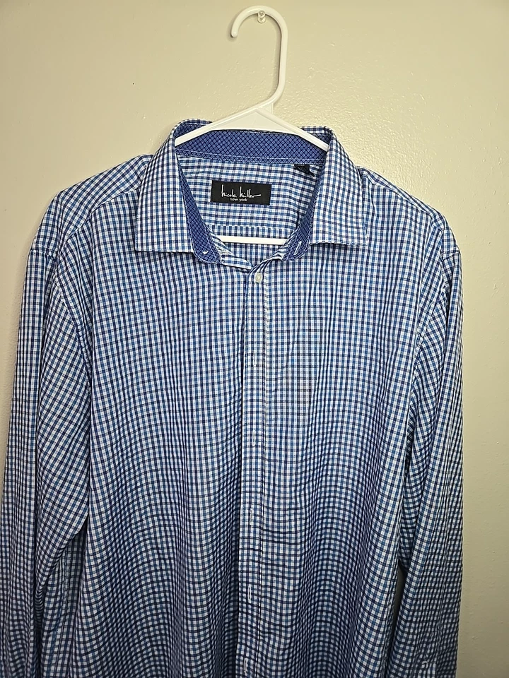 Camisa de vestir a cuadros con botones de manga larga Nicole Miller para hombre Foto 3 de 4