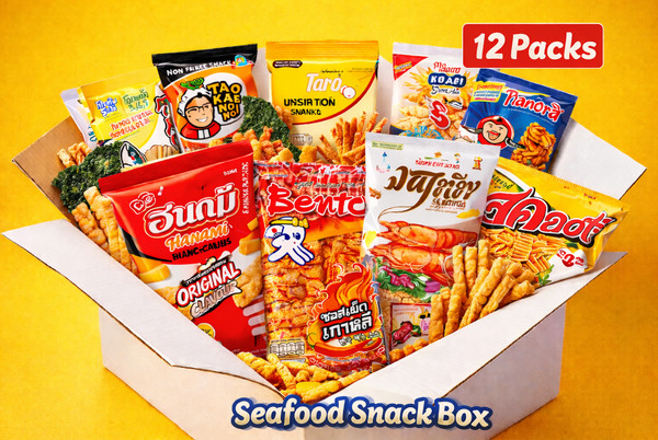 Paquete de variedad de bocadillos de mariscos tailandeses definitivos: calamar bento, taro y pescado crujiente picante