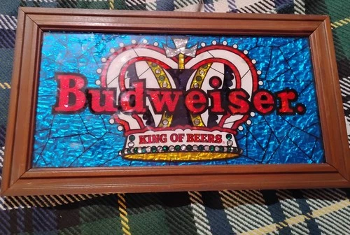 Budweiser King Of Beers Vintage Jeweled Crown Foil Bar Mirror Sign 9”x15”