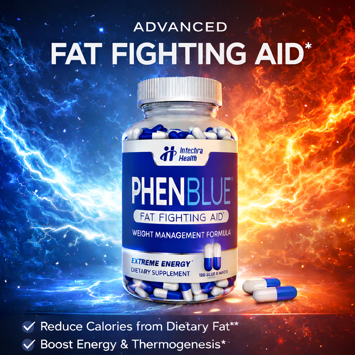 PHEN-BLUE Hardcore Fat Fighting Diet Pills + Extreme Energy 120