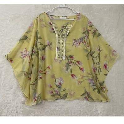 Belle Kim Gravel Yellow Embroidered Flowy Top XL Dainty