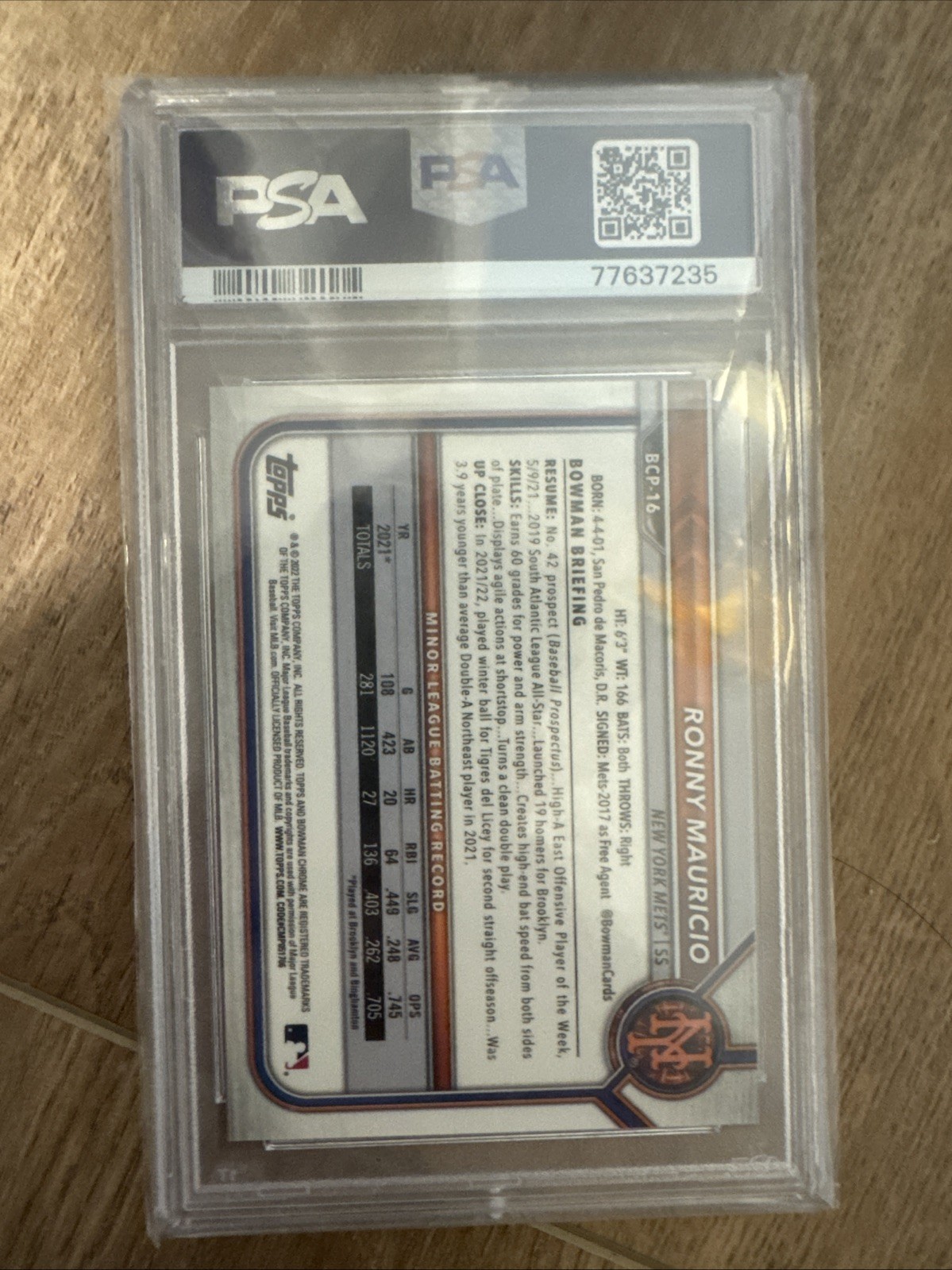 2022 Bowman Chrome #BCP-16 Ronny Mauricio True Red Refractor /5 PSA Gem Mint 10 view 2