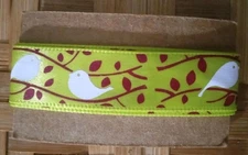 (1 Yard) - 5/8" Birds & Vines On Green Satin Ribbon 