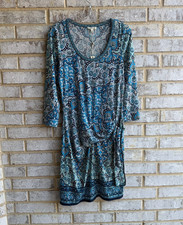 Max Studio 3/4 Sleeve Scoop Neck Tie Side Floral Stretch Dress Women's Size L