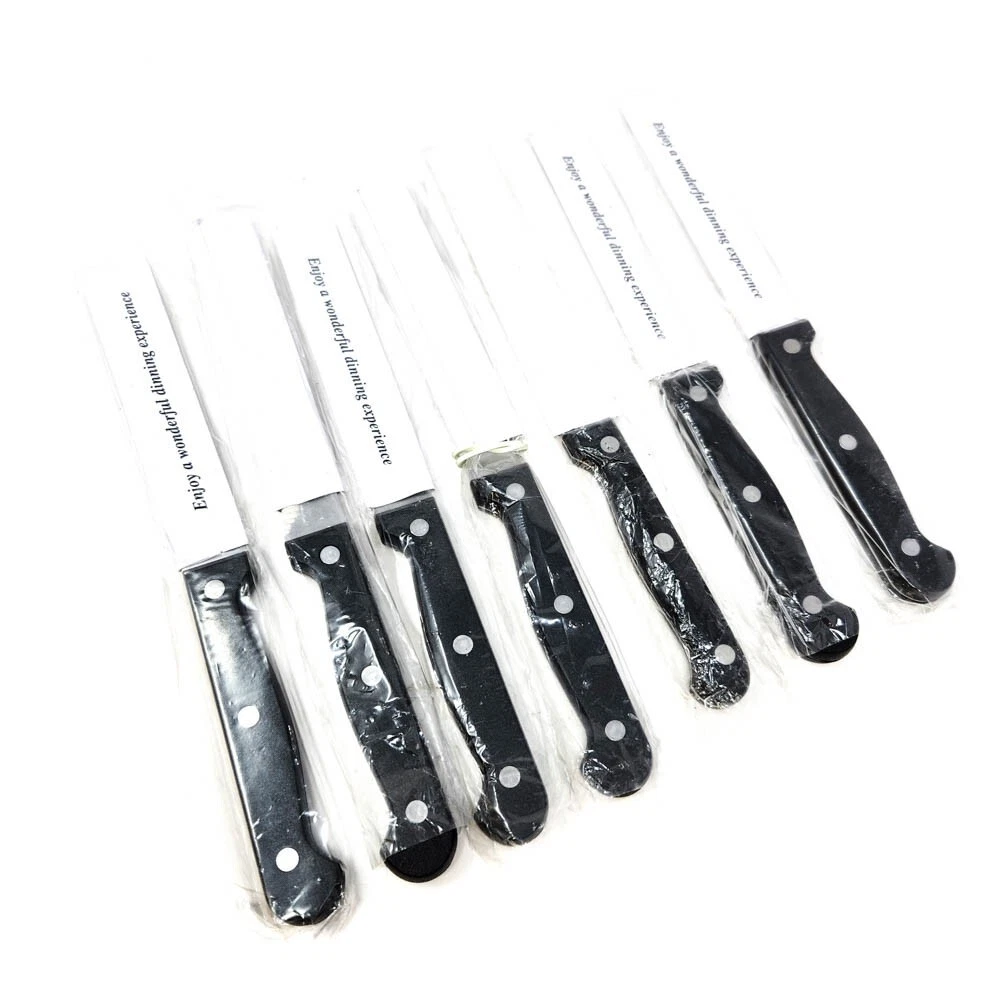 7 Pcs Kitchen Serrated, Steak Knife Set, Stainless Steel Blades, Black Handles