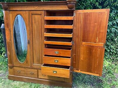 Buy Antique Edwardian Walnut Inlaid Triple Wardrobe Mirrored Armoire Fitted Drawers